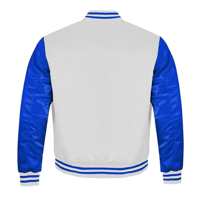 White and Royal Blue Satin Varsity Jacket Back Side