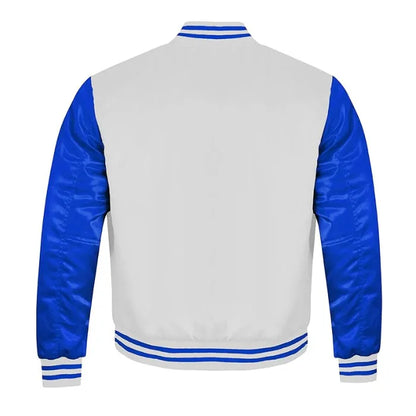 White and Royal Blue Satin Varsity Jacket Back Side
