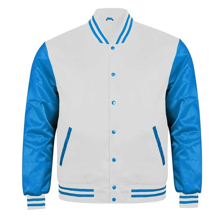 White and Sky Blue Satin Varsity Jacket