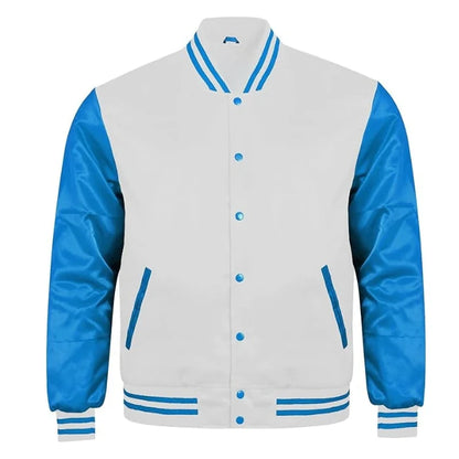 White and Sky Blue Satin Varsity Jacket