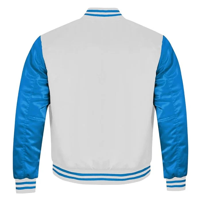 White and Sky Blue Satin Varsity Jacket Back Side