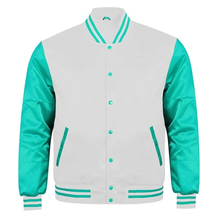 White and Tiffany Satin Varsity Jacket