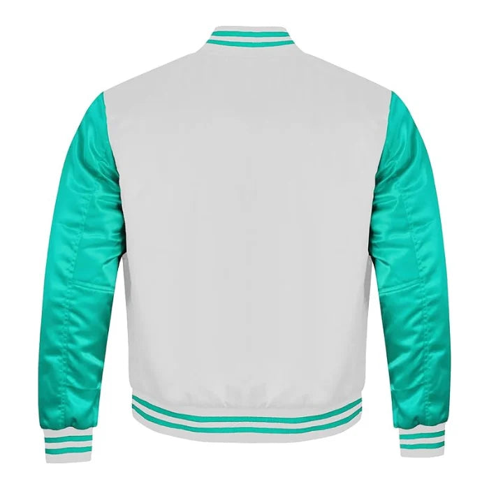White and Tiffany Satin Varsity Jacket Back Side