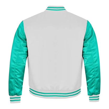 White and Tiffany Satin Varsity Jacket Back Side