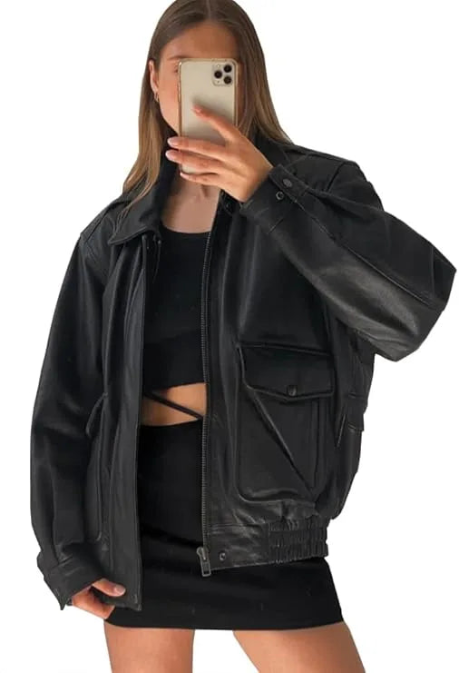 Women’s Oversized Black Leather Jacket