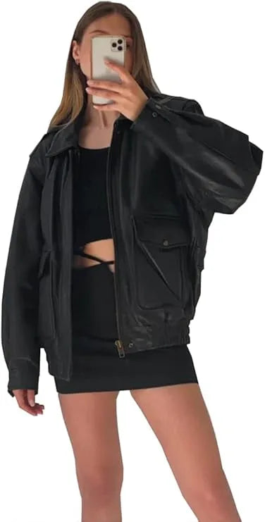 Women’s Oversized Black Leather Jacket