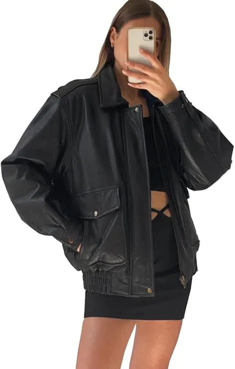 Women’s Oversized Black Leather Jacket