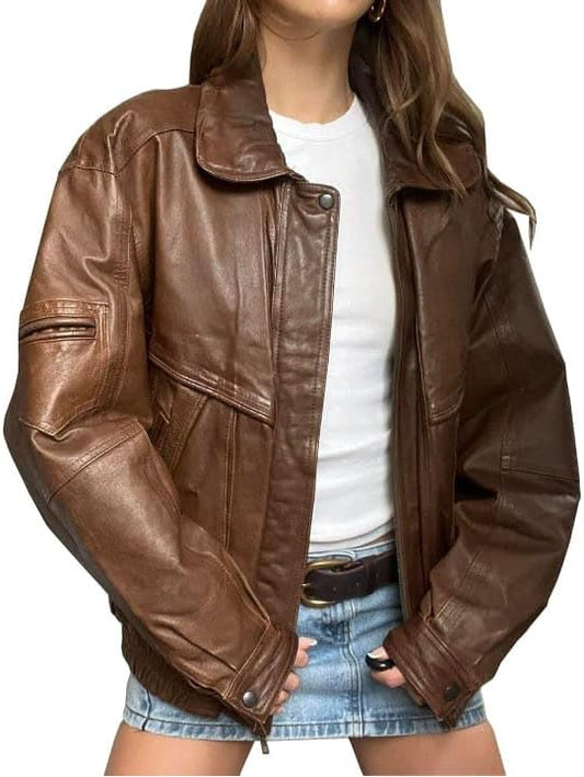 Women’s Oversized Brown Leather Heritage Aviator Jacket