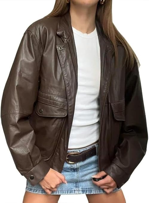 Women’s Oversized Brown Leather Legacy Zip Jacket
