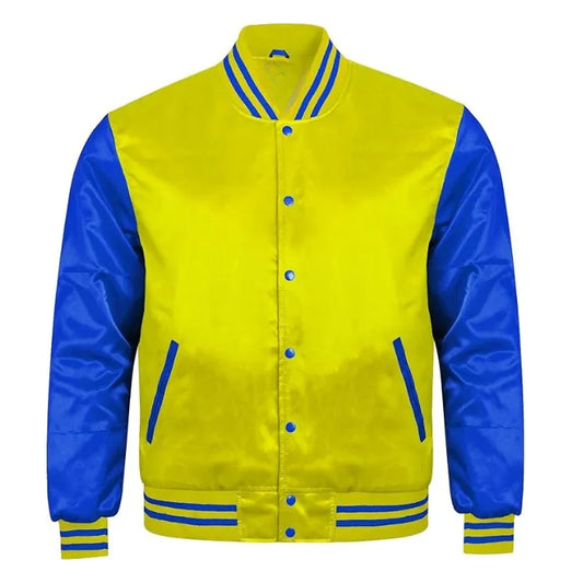 Yellow and Royal Blue Satin Varsity Jacket