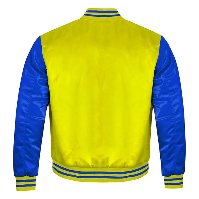 Yellow and Royal Blue Satin Varsity Jacket Back Side