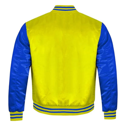 Yellow and Royal Blue Satin Varsity Jacket Back Side