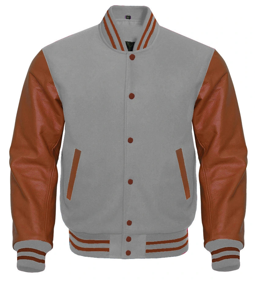 Men's Grey Wool & Brown Real Leather Collar Varsity Jacket – Dress Club  International