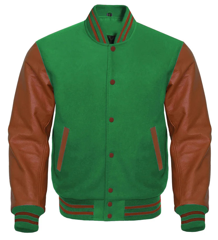 Green Varsity Jacket with Brown Sleeves