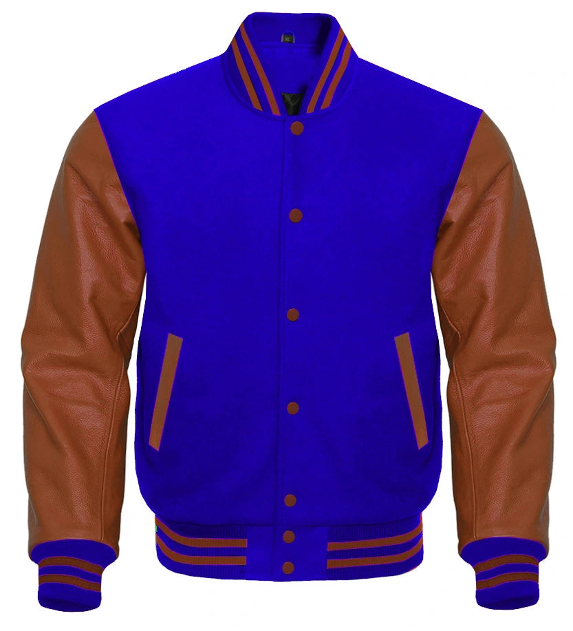 Royal Blue Varsity Jacket with Brown Sleeves