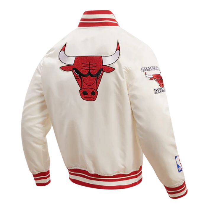 chicago bulls off white satin varsity jacket Back Side