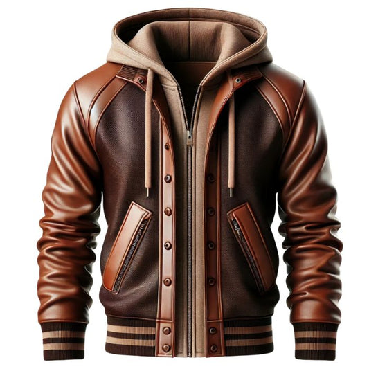 dark brown leather jacket with hoodie