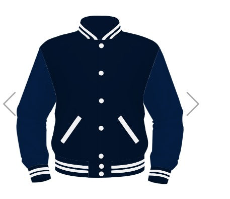 Varsity Mens Jacket Navy blue wool and Navy blue Leather sleeves