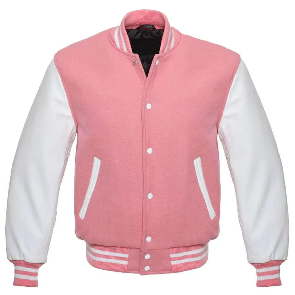 Pink Varsity Jacket with White Leather Sleeves – VarsityJacketHub