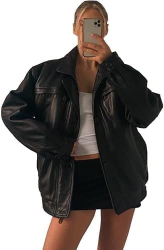 women’s oversized black leather bomber jacket