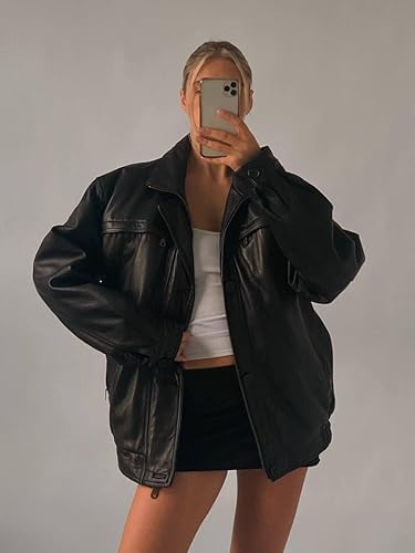 women’s oversized black leather bomber jacket