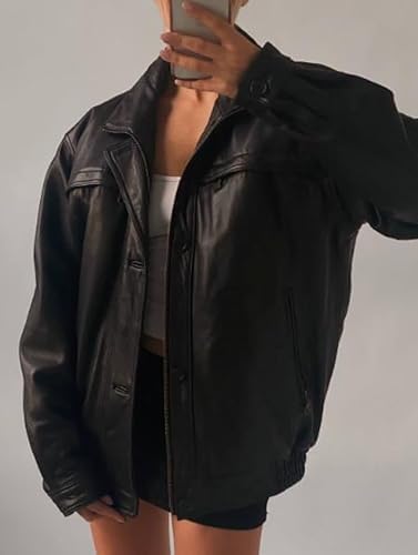 women’s oversized black leather bomber jacket