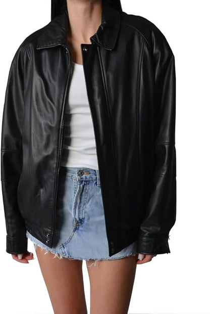 women’s oversized black leather classic zip jacket