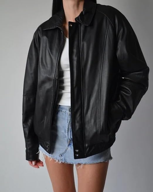 women’s oversized black leather classic zip jacket