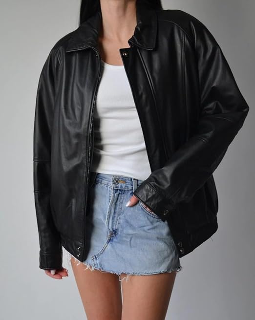 women’s oversized black leather classic zip jacket