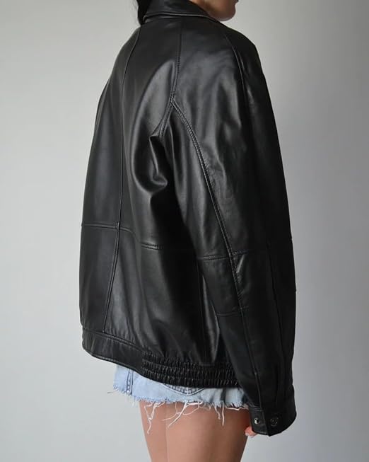women’s oversized black leather classic zip jacket