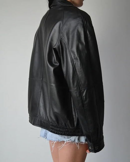women’s oversized black leather classic zip jacket