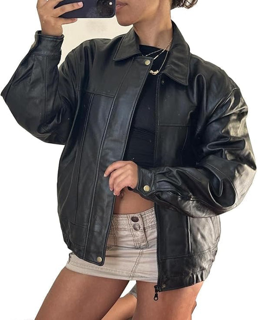 Women’s Oversized Black Leather Collared Zip Jacket