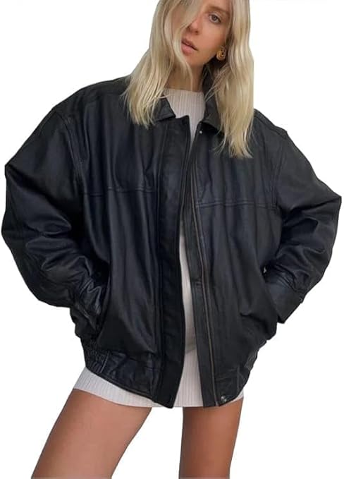 women’s oversized black leather everyday zip jacket
