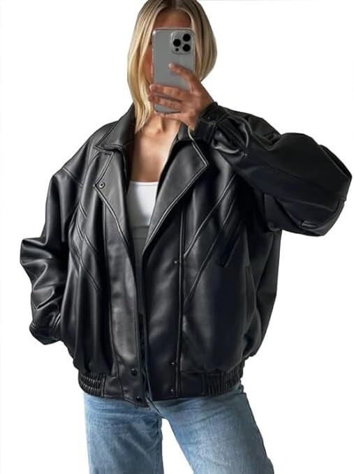 women’s oversized black leather lapel jacket