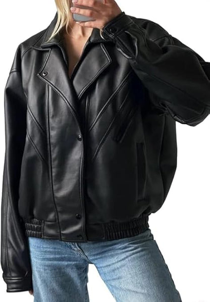 women’s oversized black leather lapel jacket