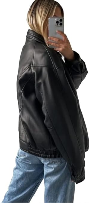 women’s oversized black leather lapel jacket