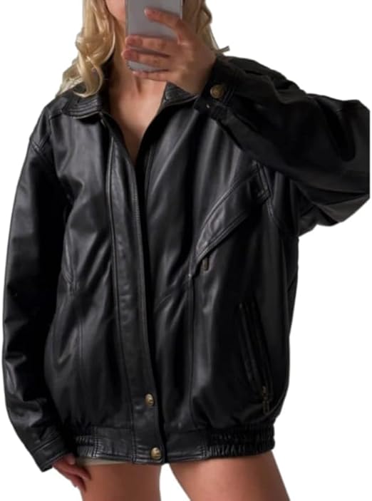 women’s oversized black leather luxe zip jacket
