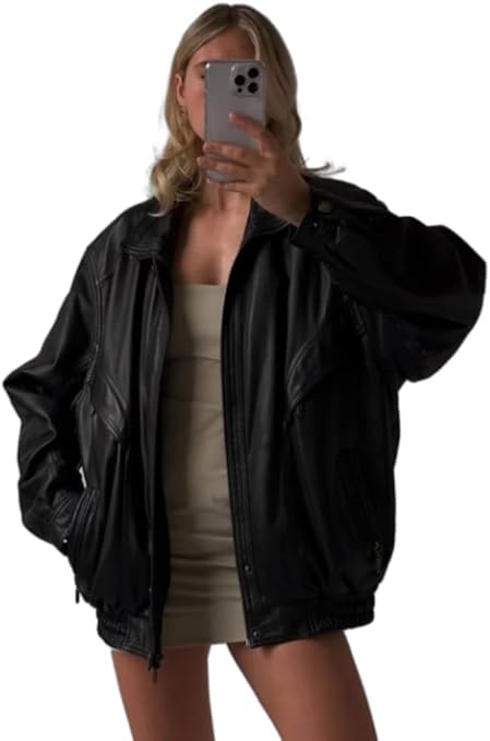 women’s oversized black leather luxe zip jacket