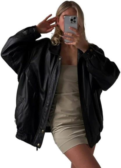 women’s oversized black leather luxe zip jacket