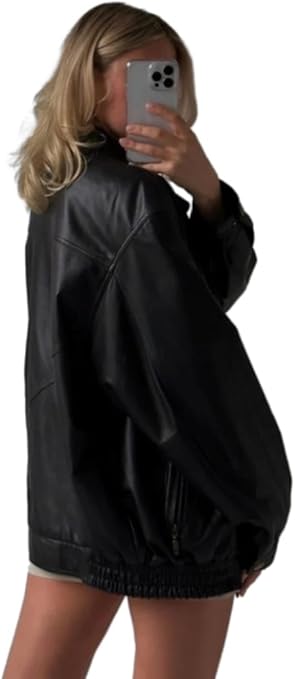 women’s oversized black leather luxe zip jacket