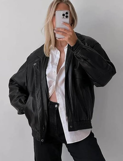 women’s oversized black leather moto jacket