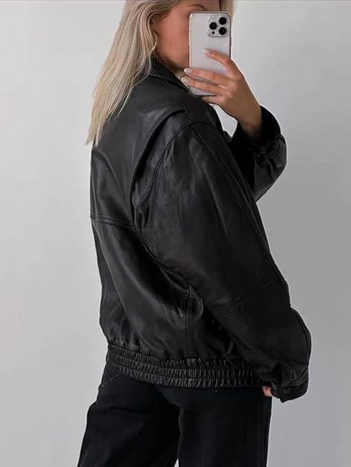 women’s oversized black leather moto jacket