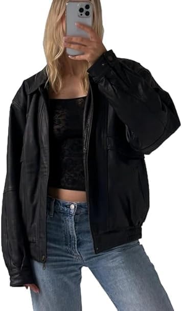 women’s oversized black leather relaxed fit jacket