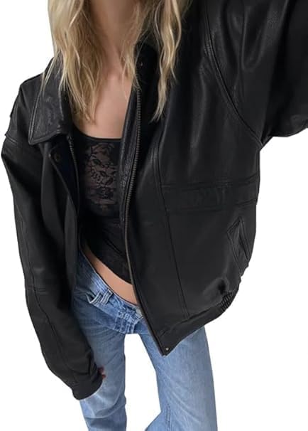 women’s oversized black leather relaxed fit jacket