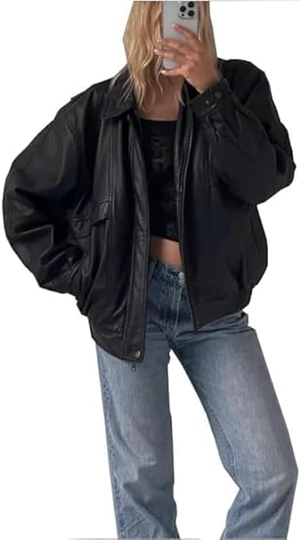 women’s oversized black leather relaxed fit jacket