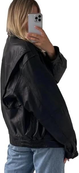 women’s oversized black leather relaxed fit jacket