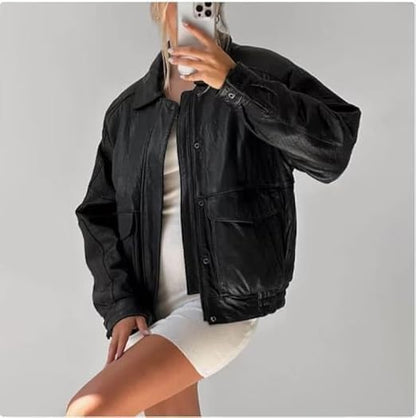 women’s oversized black leather shacket