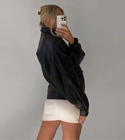 women’s oversized black leather shacket