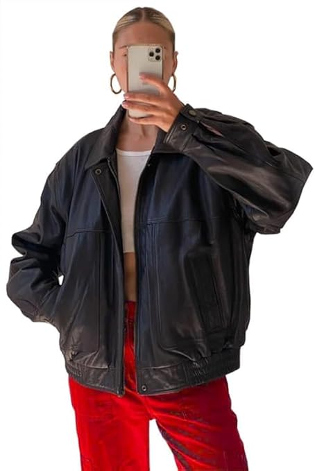 women’s oversized black leather statement zip jacket