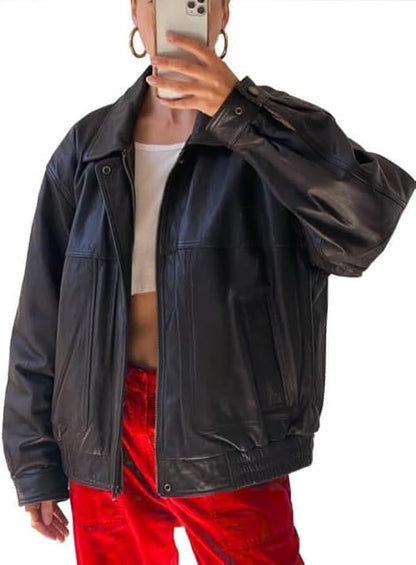 women’s oversized black leather statement zip jacket